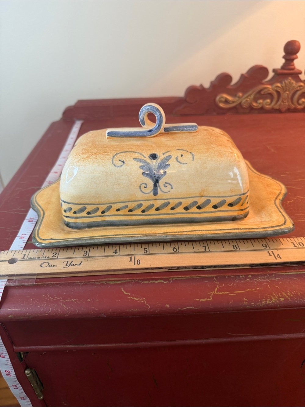 Vietri Butter Dish with Blue Scroll Handle